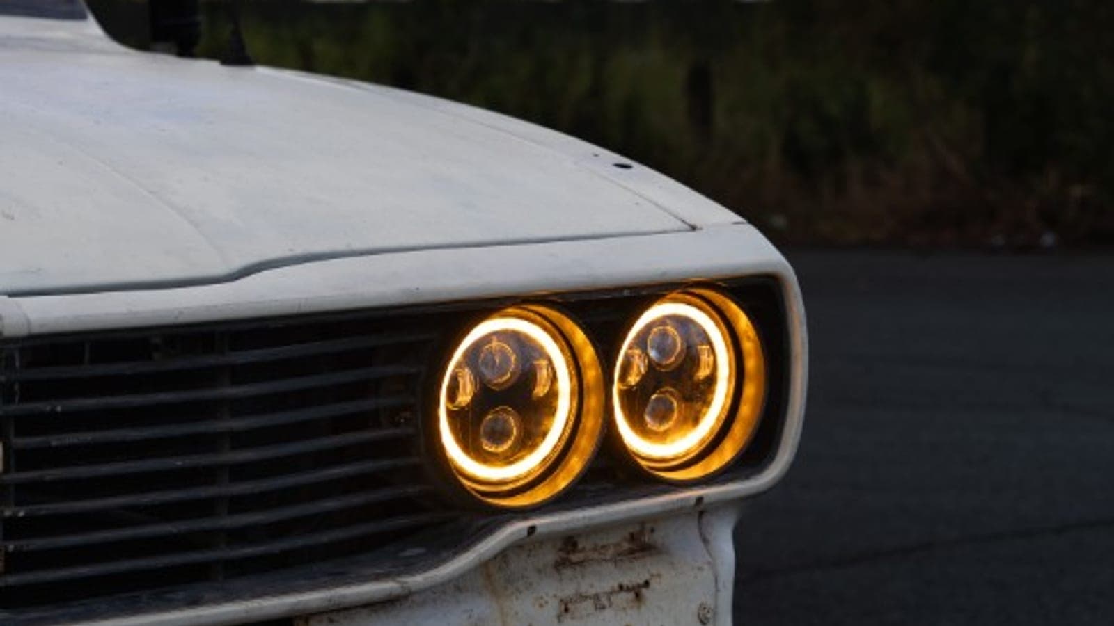 The Chinook's halo LED headlights lit at dusk